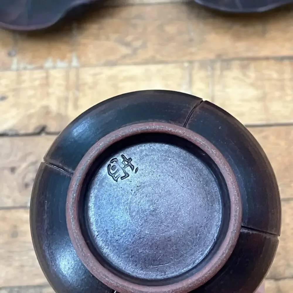 Japanese Pottery Ceramic Tea Cup & Plates 3 Piece Dark Brown Glaze Lotus Leaf